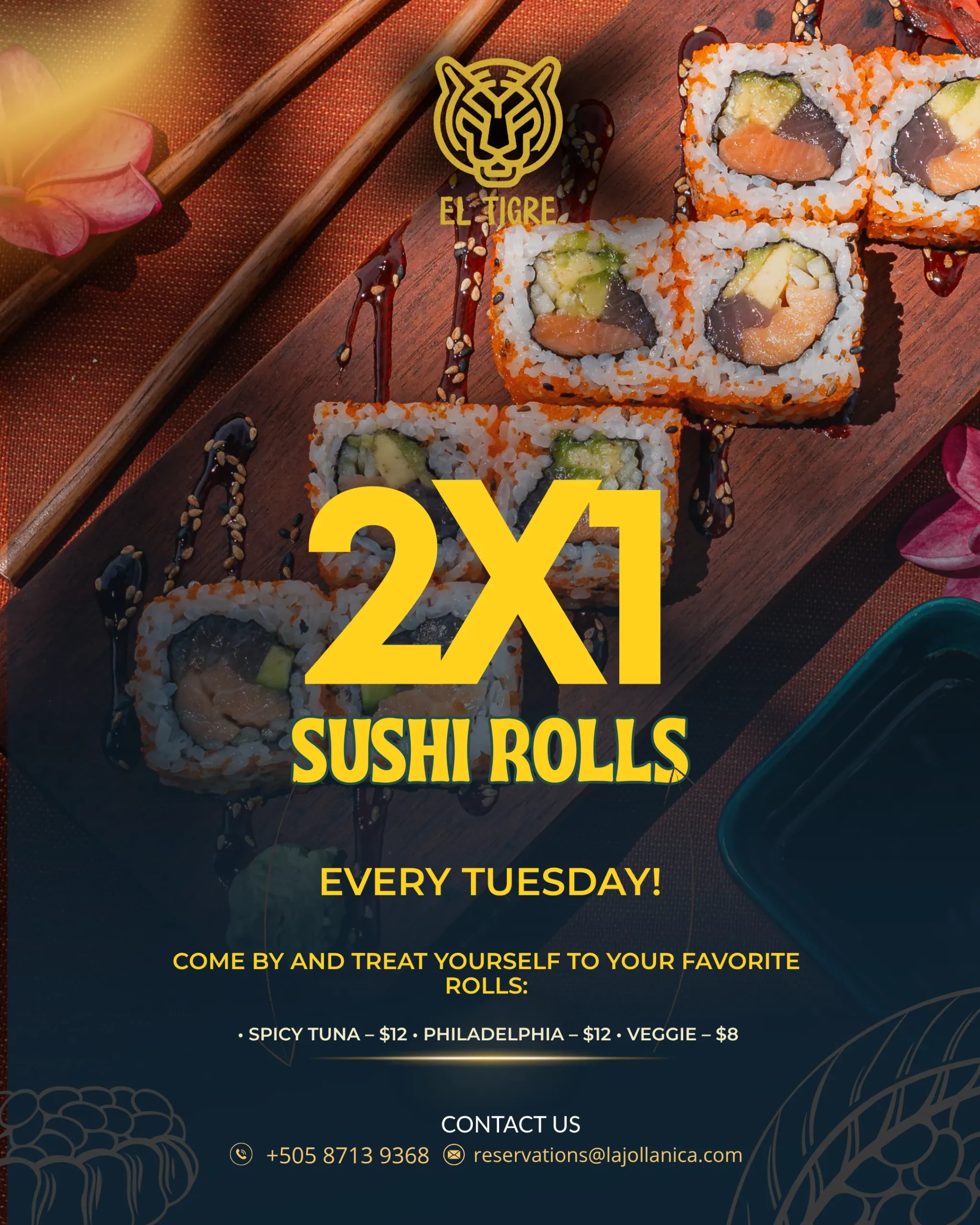 food promo: El Tigre’s 2-for-1 sushi Tuesday with roll options and price listed.