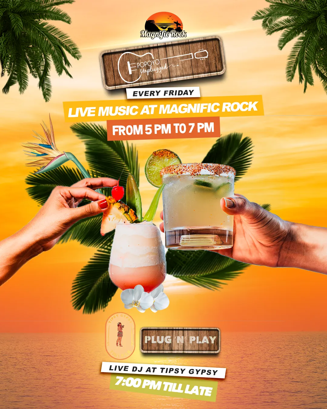 Friday events in Popoyo featuring sunset cocktails, live music, DJ set at Tipsy Gypsy from 7PM onward