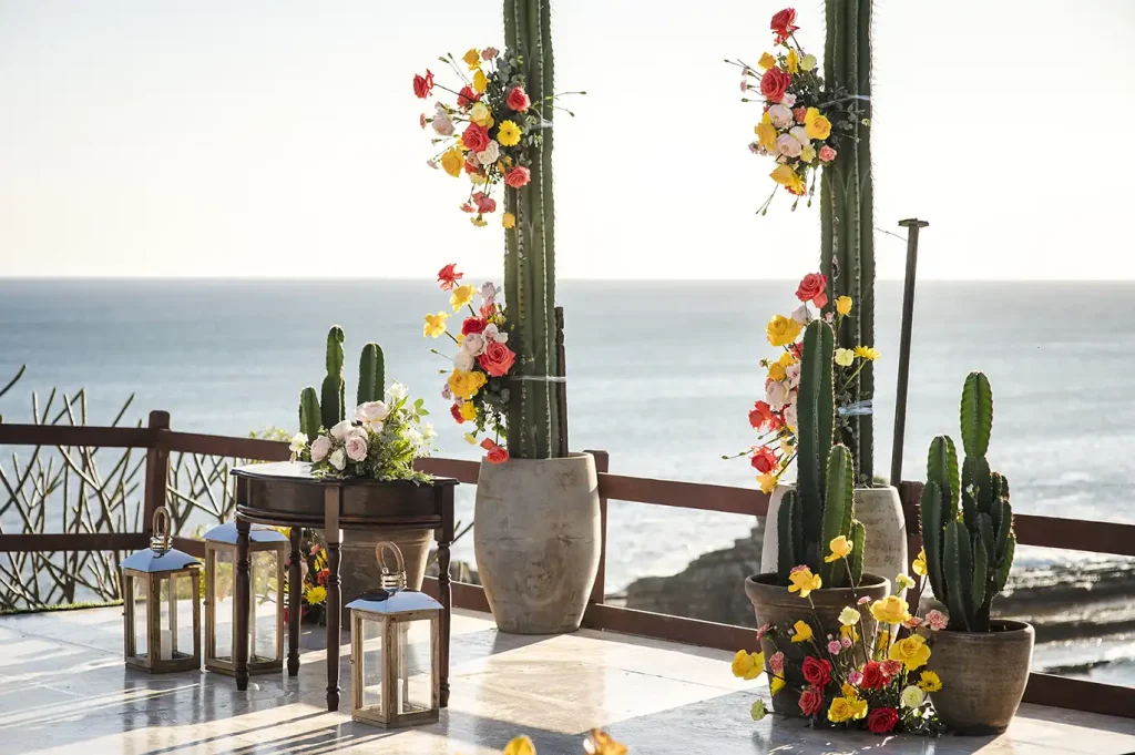 destination wedding table setting at Magnific Rock Nicaragua with local floral décor and ocean views